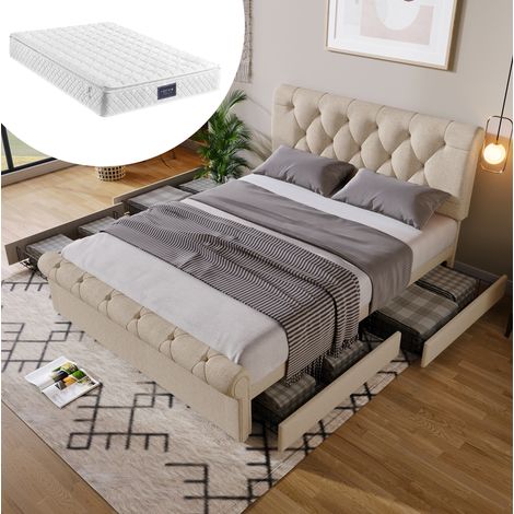 MEUBLIV Lit 140x200 cm naturel – 4 tiroirs et tête de lit réglable, avec matelas (1/5)