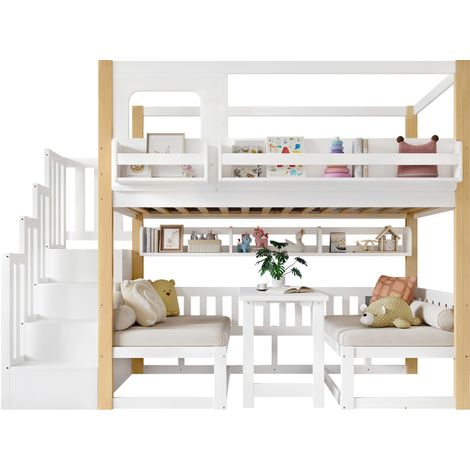Lit superposé pour enfant, table multifonction réglable en hauteur, petite bibliothèque au bord du lit, escalier de rangement stable, pin + MDF + contreplaqué, blanc + naturel, 90x200cm