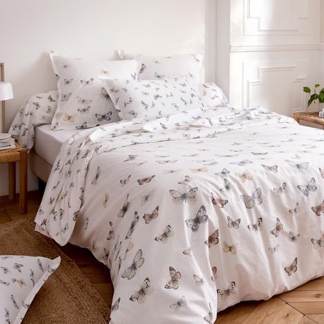 Drap plat percale de coton 80 fils motif papillons Blanc 240x310 cm