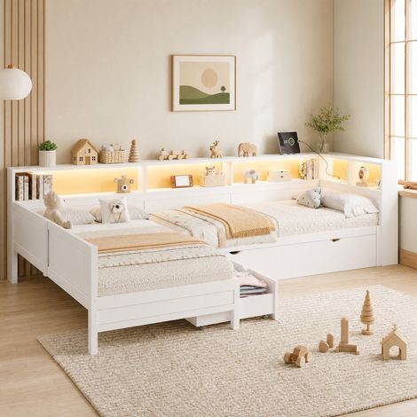 Cama individual en L 90x200 con cama nido, cajón, LED y estación de carga blanca OKMYHOME (1/5)
