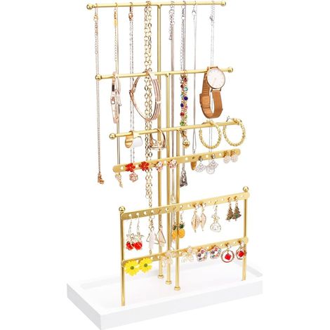 Présentoir à bijoux à 6 niveaux avec plateaux en bois, porte-bijoux, boîte à bijoux réglable en hauteur pour colliers (1/5)