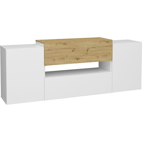 Meuble TV 2 portes 2 tiroirs blanc brillant et chêne artisan Olpe - L182 cm - CaliCosy (1/4)