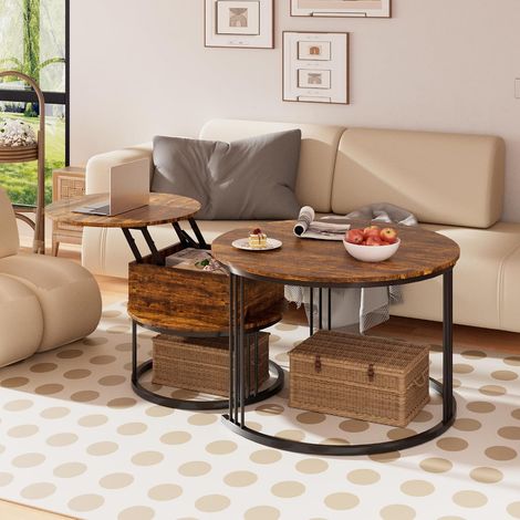 Table Basse Gigogne Ronde – Set de 2 Table de Salon avec Plateau Relevable (1/5)