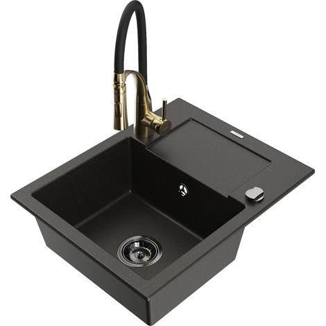 Mexen Enzo 1 Becken-Granitspüle mit Abtropffläche und Mischbatterie Aster, Schwarz/Gold metallisch - 6506-75-73450-57-B (1/5)