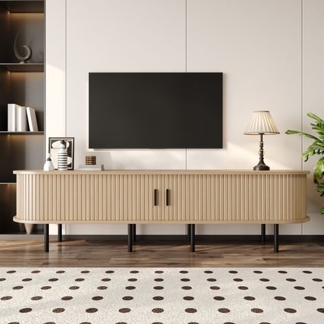 Meuble TV design elliptique nervuré avec portes coulissantes, 2 niches ouvertes, MDF et pieds métal, style moderne salon