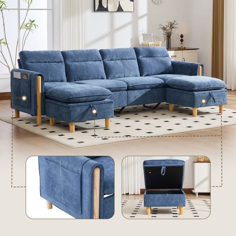 Grand canapé d'angle en U avec deux poufs de rangement  canapé modulable quatre places avec pieds de table en bois  canapé confortable en tissu, idéal pour le salon et l'espace familial (chenille bleu (1/5)