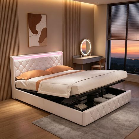 Lit coffre 160x200,lit 160x200 avec sommier à lattes,LED,USB,lit double capitonné,lit adulte,lit 2 personnes,tissu en lin,Beige (1/5)