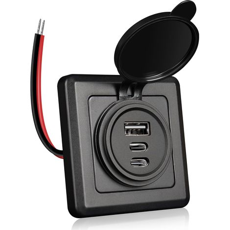 Prise USB 12 V pour Camping-Car, 3 Ports en Aluminium 12 V, Double Port USB C et USB A, Montage en Surface avec Plaque Frontale Noire, pour Camping-Car, Bateau, Caravane (1 Emballage) (1/5)