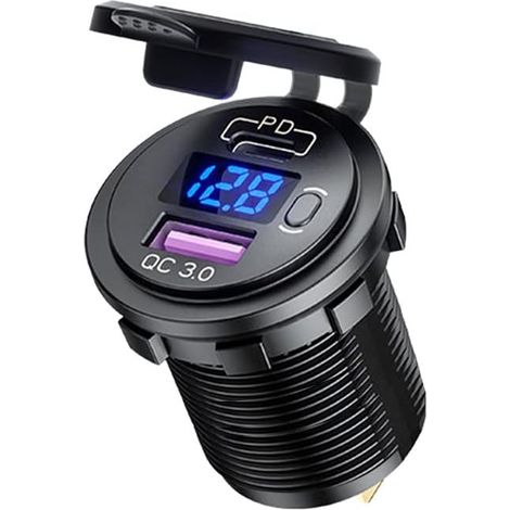 Cargador USB para coche, cargador rápido QC3.0 + puertos de carga PD3.0 compatibles con vehículos de 12V/24V, coches, barcos, motocicletas, SUV, autobuses, camiones, caravanas, etc.