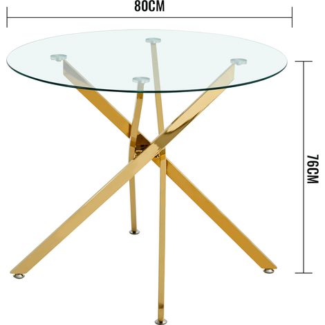 Table à manger ronde avec plateau en verre trempé et pieds dorés, table basse, table à manger moderne minimaliste, 80 × 80 × 76 cm (1/5)