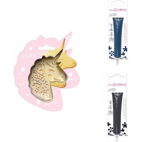 Kit pour biscuit en relief Licorne + 2 Stylos au chocolat bleu nuit et noir