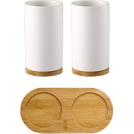 Ensemble d'accessoires de Salle de Bain en céramique, gobelet, Porte-Brosse à Dents, Distributeur de Savon pour Dentifrice en Bambou, Bambou