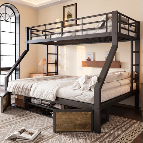 Letto a castello bambini 90x200 cm e 140x200 cm con scala, portascarpe, vani portaoggetti e sponde di sicurezza, senza materasso, nero (1/5)