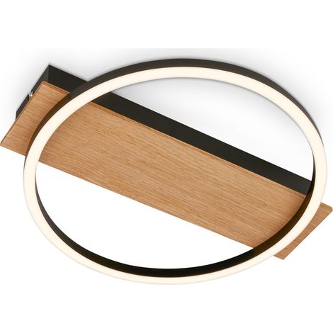 Plafonnier LED décor bois, lumière blanche chaude, 13W, 1400 lm, plafonnier, lampe, lampe de salon, lampe de chambre, lampe de cuisine, 34x30x6 cm, noir-bois (1/5)