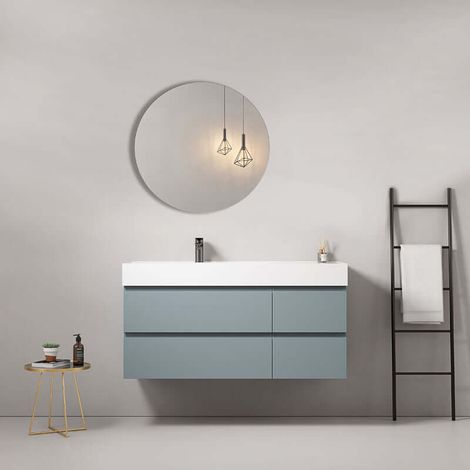 Mobile bagno sospeso 120 cm Blu Avio Lavabo a Sinistra in Resina Specchio Tondo - Fiji Paint (1/4)