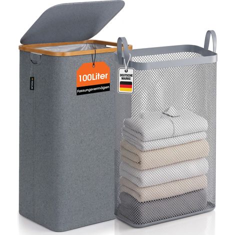 Roxlin Wäschekorb mit Deckel 100L – Faltbarer Wäschesammler mit herausnehmbarer Tasche – Bambusrahmen – Platzsparend & leicht tragbar – Grau (1/5)