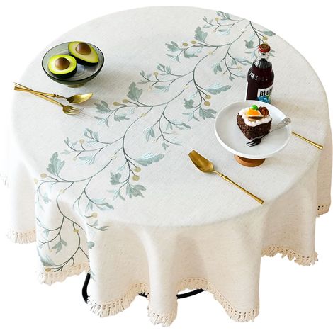Nappe Ronde - 140 cm - Lin et Coton - Anti-Tache - Feuilles Brodées - Glands - Pour Salle À Manger Table Basse Jardin - 1 Pièce (1/5)
