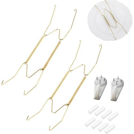 Crochets Muraux Ongles non Marquants,Support Assiette Décorative Murale Dorée,Crochets Muraux Invisibles pour Assiettes et Décoration,2 Ensembles (1/5)