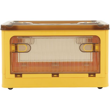 Boîte de rangement pliable en plastique – Petit format – Porte latérale – Transparent – Jaune – Roulettes amovibles (1/5)