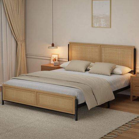 Lit double bohème rotin – bois naturel sans sommier (1/5)
