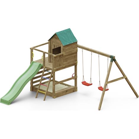 Funni Aire de Jeux Enfant Extérieure – Bois Traité – Toboggan 2,2 m – Balançoire Double – Jusqu’à 10 Enfants – EN 71 (1/5)