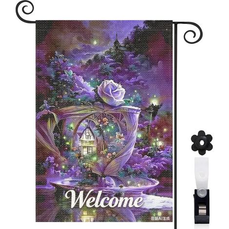 Drapeau de jardin lumières scintillantes et château 30 x 45 cm décoration terrasse et extérieur (1/5)