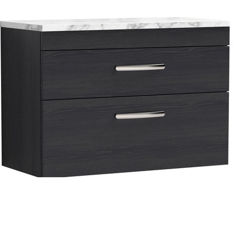 Millwich Contemporary 2 Drawer Wall Hung Vanity Unit with Laminate Carrara Marble Worktop, Charcoal Black, 800mm