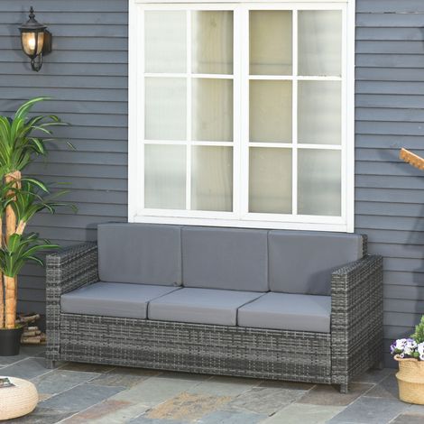 Canapé en rotin synthétique avec coussins, canapé de jardin 3 places, métal, polyester, gris, 185 x 70 x 80 cm
