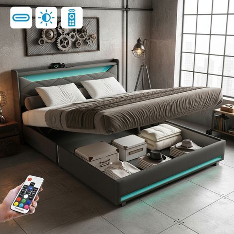Letto contenitore 140x190 cm con LED, funzione di ricarica USB-C, sistema di stoccaggio idraulico, rete a doghe in legno, telaio in metallo, letto capitonnato in lino - Grigio