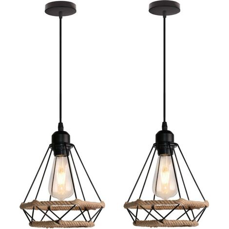 2 Pack Lustre Suspension E27 20CM Cage Diamant en Corde de Chanvre Plafonnier Luminaire pour Couloir Escalier Chambre (1/5)