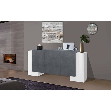 Dmora Aparador moderno con 2 puertas y 3 cajones, Made in Italy, Aparador de cocina, Buffet de diseño de sala de estar, 210x45h85 cm, Color Blanco Brillo y Gris Ceniza, con embalaje reforzado (1/4)