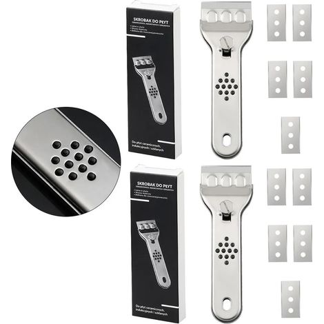 Lot de 2 grattoirs pour plaques vitrocéramiques avec 10 lames de rechange – grattoir en acier inoxydable pour plaques de cuisson, verre et carrelage, efficace contre la graisse, les résidus de colle e (1/5)