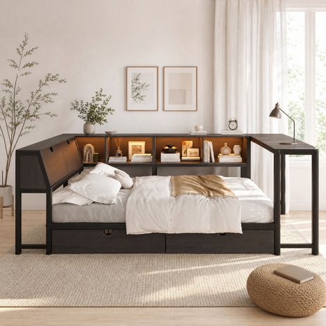Cama de metal 140x200 con cabecero con almacenaje, LED, escritorio y 2 cajones, negro OKWISH (1/5)