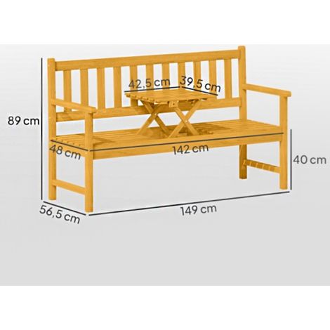 Banc de jardin 2 places en bois – Résistant aux intempéries, dossier, accoudoirs, table pliante, charge 320 kg, dimensions 149 x 56,5 x 89 cm, teck – Assise polyvalente avec tablette (1/5)