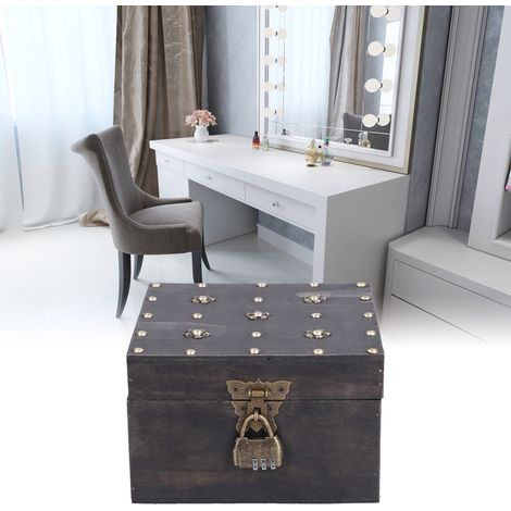 Coffre à trésors pour escape game, boîte de rangement rétro en bois avec serrure, boîte de rangement à trésors de style antique (1/5)