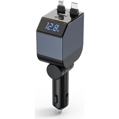Caricabatterie da auto USB-C 4 in 1, ricarica rapida PD30W, doppi cavi retrattili, voltmetro a LED, caricabatterie per cellulari, per iOS, Android, 12-24V, max 84W