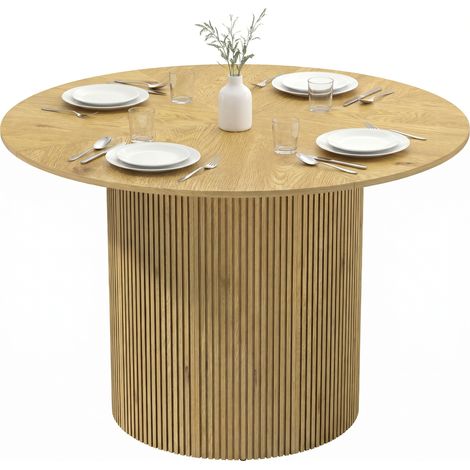 Table de salle à avec piètement cylindrique rainuré pliable ch ne pour salon manger ronde moderne personnes, cuisine rainuré, chêne (1/5)