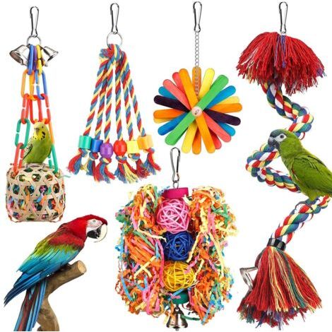 Jouets pour oiseaux perchoir en corde avec clochette colorée pour oiseaux à mâcher, déchiquetage, perroquet, balançoire, escalade, jouets à suspendre pour cage à oiseaux, accessoires pour conures, (1/5)