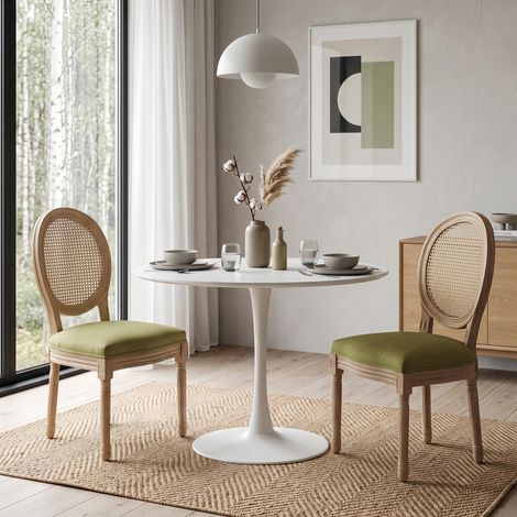 Lot de 2 Chaises Bois Massif - Dossier confortable Rotin Assise Lin Rembourrée, finition vieillie - style campagnard, vert olive (1/5)