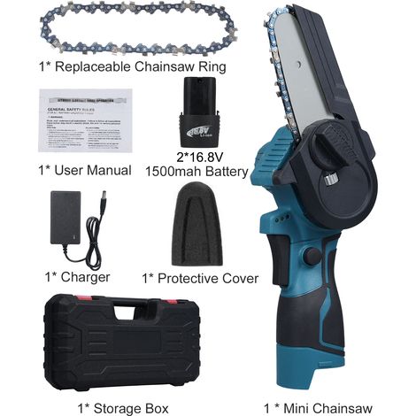 Mini tronçonneuse électrique sans fil 4 pouces 16,8 V, 2 batteries 1500 mAh, verrouillage de sécurité, pour couper branches, prise UK (1/5)