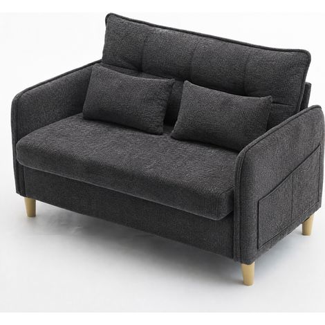 Sofá de 2 plazas 127 cm chenilla gris oscuro con reposabrazos y bolsillos laterales (1/5)