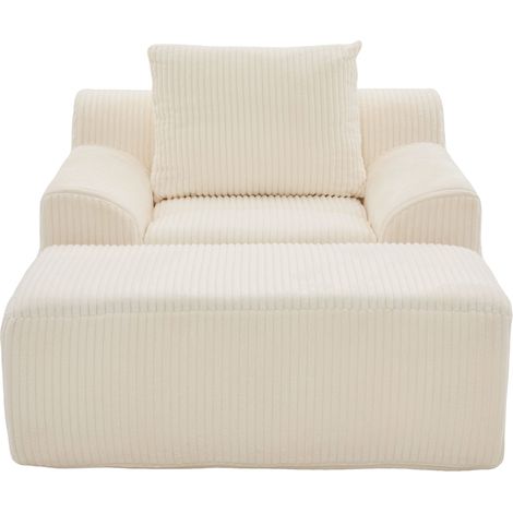 Fauteuil individuel extra-large en velours côtelé beige avec repose-pieds, poches latérales et coussin fauteuil sans cadre, livré en un seul colis, avec rembourrage moelleux sans montage, idéal pour s (1/5)