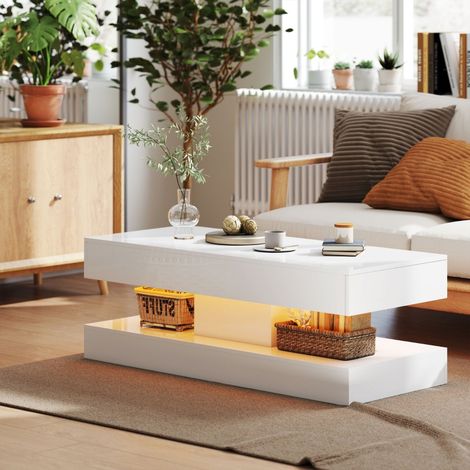 Table basse avec tiroirs et lumières LED - 120x50x42 cm - Table de salon fixe design blanc brillant avec compartiment ouvert - Blanc (1/5)