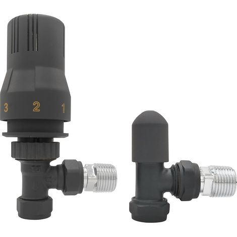 NRG 15mm Angled Thermostatic Radiator Valve and Manual Angled Valves Anthracite