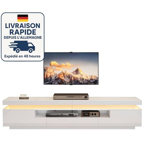 Mueble de TV de 175 cm - LED - 2 armarios en forma de L y 1 cajón - Acabado blanco liso con alto brillo - Blanco (1/5)
