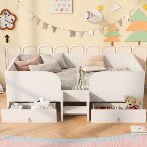 Lit Enfant 90x200 cm avec 2 Grands Tiroirs de Rangement, Lit Simple avec Marche d’Accès, Barrières de Sécurité Hautes, Bois - Blanc (1/5)