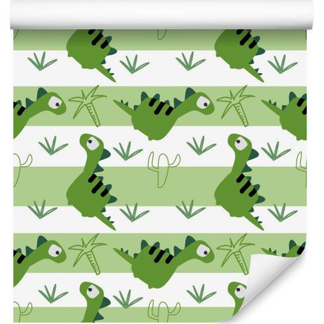 Papel pintado de dinosaurios en verde y rayas para salón y dormitorio, 50x1000 cm. (1/5)