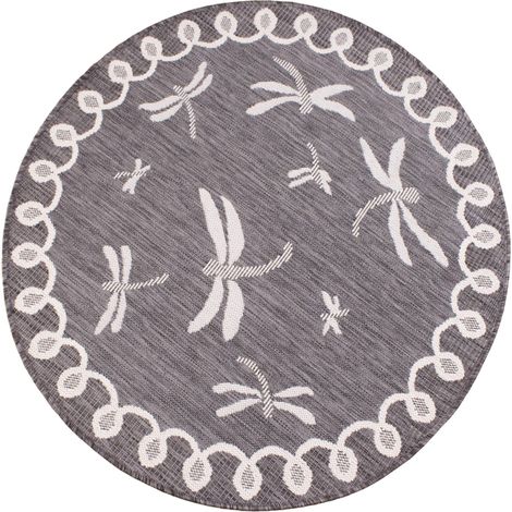 Terrace Dragonfly Flatweave Outdoor Indoor Bordered Circle Silver/Grey Rug in 120 x 120 cm (4x4') Round (1/2)