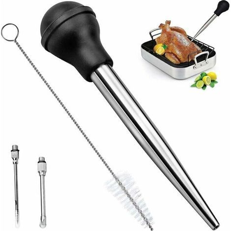 Stainless Steel 304 and Rubber Gravy Bulbs, Juice Pipette Kitchen Injection Needle with Cleaning Brush for BBQ Cooking