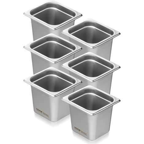 VEVOR Set Contenitore per Alimenti Antiaderente Cucina Confezione 6 Pezzi, Vassoio Contenitore 178x168x160 mm Acciaio Inox Bacinelle Dimensioni GN1/6 per Catering Uso Commerciale Senza Coperchio